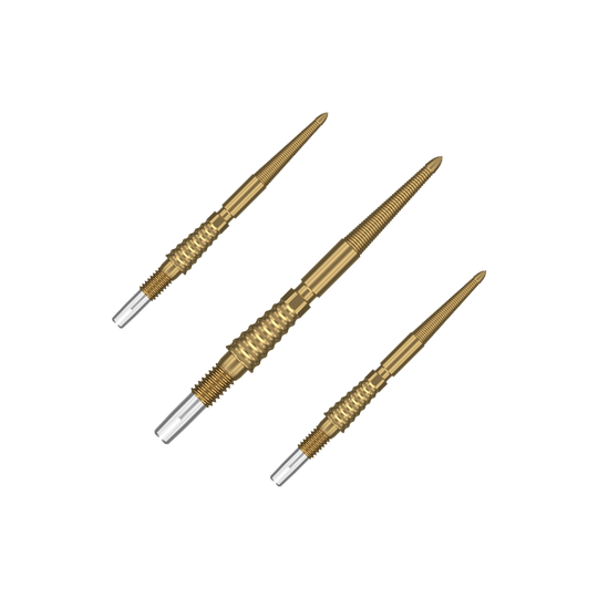 Target Swiss Storm LNC dart tips - gold Das Bild zeigt drei goldfarbene Dartspitzen, die nebeneinander angeordnet sind. Sie haben ein geriffeltes Design zur besseren Griffigkeit.