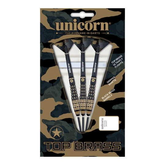Unicorn Top Brass V4 Steeldarts - 20g Das Bild zeigt die "Unicorn Top Brass V4 Steeldarts - 20g" in ihrer Verpackung. Die Darts haben schwarze und goldene Akzente und sind für präzises Werfen konzipiert.