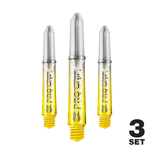 Target Pro Grip Vision Shafts - 3 Sets - Yellow Auf dem Bild sind drei gelbe Pro Grip Vision Shafts für Darts zu sehen. Unten rechts steht, dass es sich um ein 3er-Set handelt.