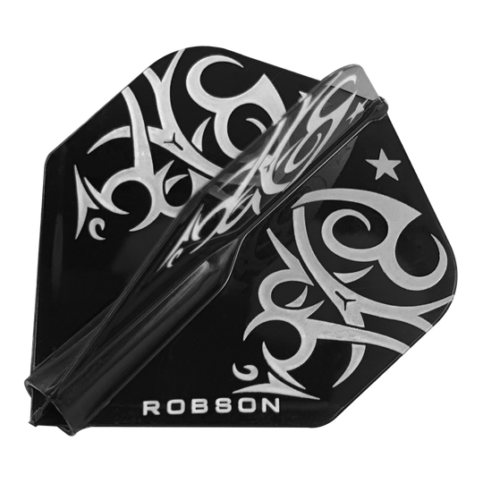 Robson Plus Tribe Standard Flights Das Bild zeigt den Robson Plus Tribe Standard Flight, ein Zubehör für Dartpfeile. Das Design ist schwarz mit auffälligen silbernen Tribal-Mustern und dem Schriftzug "ROBSON".