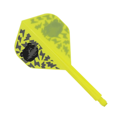 Condor Axe Black Bear Miyu Miyawaki Flight-Shaft Yellow - Standard Das Bild zeigt einen gelben Dart-Flight-Shaft mit schwarzen Blitzmustern und einem Bärenkopf-Design. Es handelt sich um das Produkt "Condor Axe Black Bear Miyu Miyawaki Flight-Shaft Yellow - Standard".