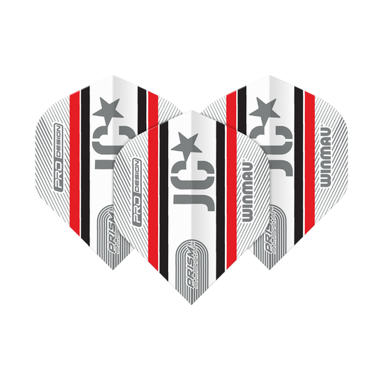Winmau Alpha Joe Cullen Cullen 85 Standard Flights Das Bild zeigt drei Winmau Alpha Joe Cullen 85 Standard Flights für Darts. Sie sind überwiegend weiß mit schwarzen und roten Streifen sowie silbernen Aufdrucken.