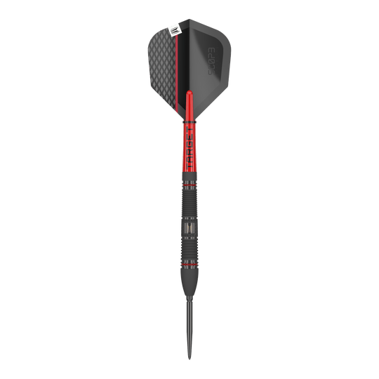 Target Scope 02 Swiss Point steel darts Das Bild zeigt einen Target Scope 02 Swiss Point Steeldart. Der Dart ist schwarz und rot gestaltet und hat eine strukturierte Spitze sowie ein modernes Flight-Design.