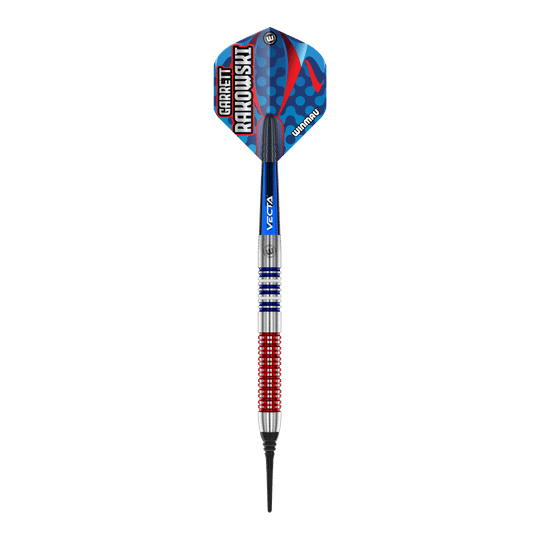 Winmau Garrett Rakowski soft darts - 20g Das Bild zeigt einen Winmau Garrett Rakowski Softdart mit einem Gewicht von 20g. Der Dart hat ein farbenfrohes, modernes Design mit blauen, roten und silbernen Elementen.