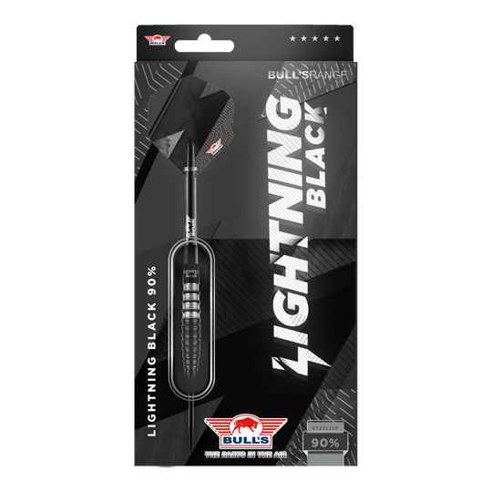 Bulls NL Lightning Black Steel Darts Das Bild zeigt die Verpackung der "Bulls NL Lightning Black Steeldarts". Die Darts haben ein schwarzes Design und bestehen zu 90% aus Tungsten.