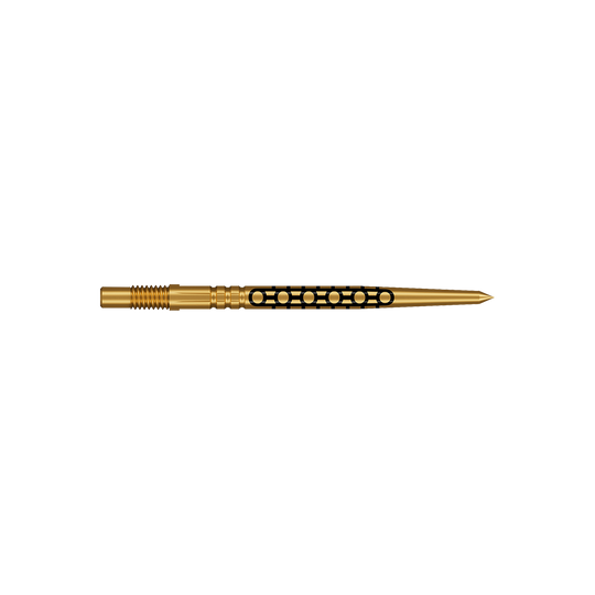 Shot Turbo Point Goths Dart Tips - Gold Zwei kurze Dartspitzen in glänzender Goldfarbe werden dargestellt. Sie haben ein feines, geriffeltes Design.