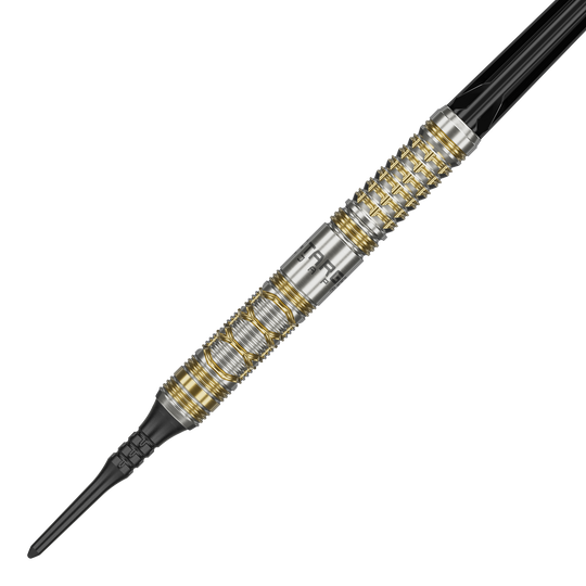 Target Japan Black Marque Reyn GEN2 Soft Darts - 17.5g Das Bild zeigt den Softdart "Target Japan Black Marque Reyn GEN2" mit einem Gewicht von 17,5 g. Der Dartpfeil hat ein silbernes Design mit goldenen Akzenten und einer schwarzen Spitze.