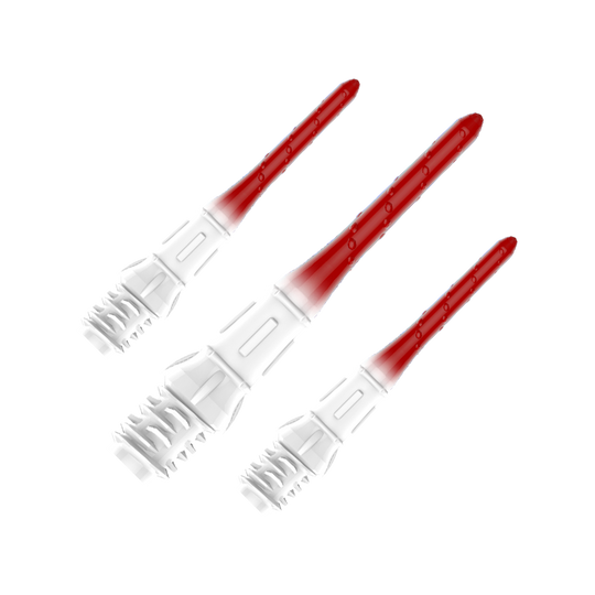 L-Style Premium Lippoint Gradiation Dart Tips (Pack of 30) Das Bild zeigt drei hochwertige Dartspitzen mit einem Farbverlauf von Weiß zu Rot. Die Spitzen sind ordentlich nebeneinander angeordnet und haben eine glänzende Oberfläche.