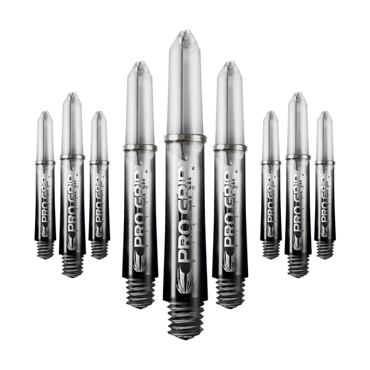 Target Pro Grip Vision Shafts - 3 Sets - Black Auf dem Bild sind mehrere schwarze Dartschäfte der Marke "Pro Grip Vision" zu sehen. Sie sind in einer Reihe angeordnet und haben eine glänzende Oberfläche.