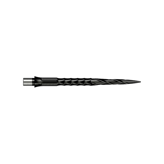 Hier sieht man eine Steeldartspitze des Caliburn Evo Systems, Modell Spiro NoLip Black, 36mm. Die Spitze ist schwarz und länger als die 32mm Variante.