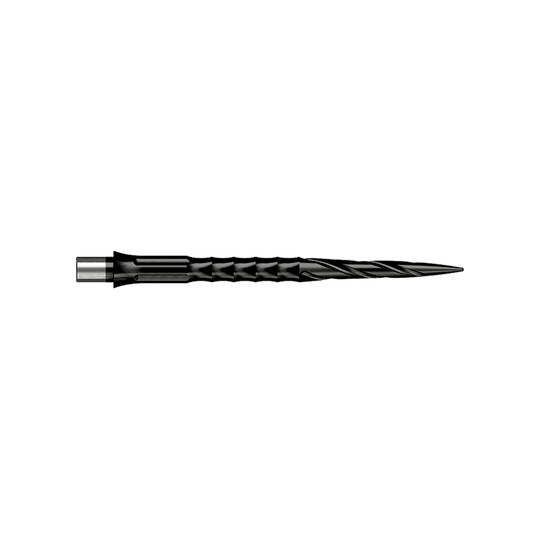 Caliburn System steel dart tips - Spiro - No Lip - Black Hier sieht man eine Steeldartspitze des Caliburn Evo Systems, Modell Spiro NoLip Black, 36mm. Die Spitze ist schwarz und länger als die 32mm Variante.