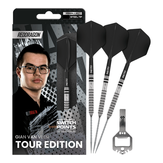 Red Dragon Gian Van Veen Tour Edition Switch Point Steeldarts - 21g Abgebildet sind die Red Dragon Gian Van Veen Tour Edition Switch Point Steeldarts - 21g in voller Länge. Die Steeldarts zeichnen sich durch ihre hochwertige Verarbeitung aus.