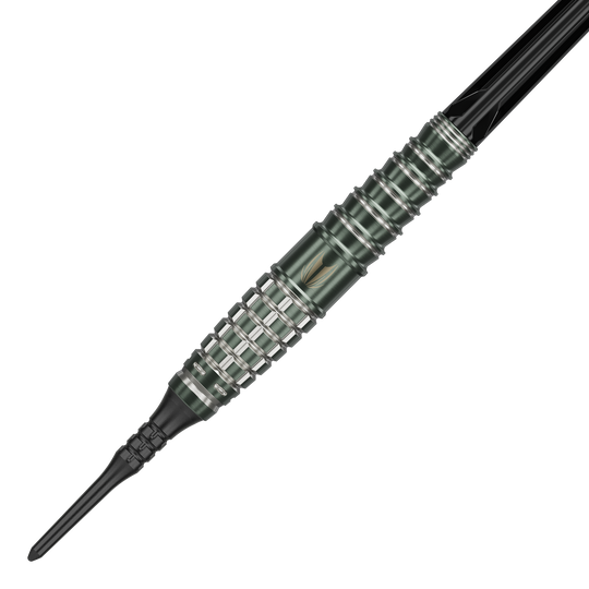 Target Japan Akito Yamagata Scream GEN1 Soft Darts - 19g Das Bild zeigt einen Akito Yamagata Scream GEN1 Softdart von Target Japan mit einem Gewicht von 19g. Der Dart hat ein präzise bearbeitetes, silber-schwarzes Barrel mit mehreren Griffmulden.