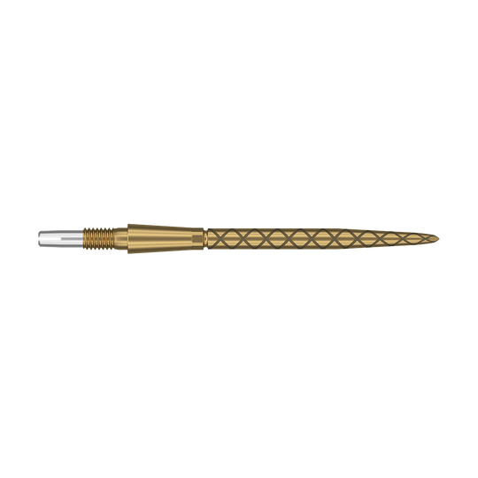 Auf dem Bild ist eine goldene Dartspitze mit Diamantmuster zu sehen. Die Spitze ist lang und hat am hinteren Ende einen silbernen Schraubaufsatz.