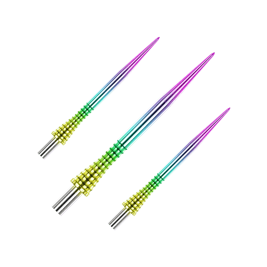 Red Dragon Raptor Gripped Rainbow steel dart tips 30mm Das Bild zeigt drei bunte Steeldartspitzen mit einem Regenbogen-Farbverlauf. Die Spitzen haben einen strukturierten, gelb-grünen Griffbereich und gehören zum Produkt "Red Dragon Raptor Gripped Rainbow Steeldartspitzen 38mm".