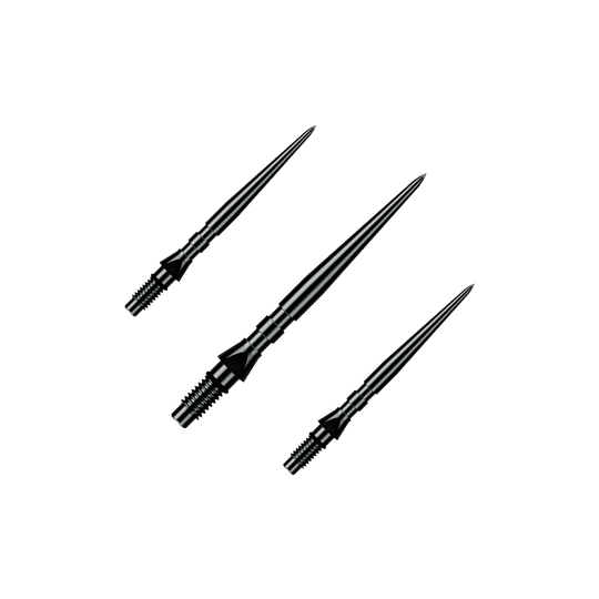 Winmau Switch Point Groove Steel Dart Tips - Black Auf dem Bild ist ein Set aus schwarzen Winmau Switch Point Groove Steeldartspitzen mit 26 mm Länge zu sehen. Diese Ersatzspitzen sind speziell für Steeldarts gedacht.