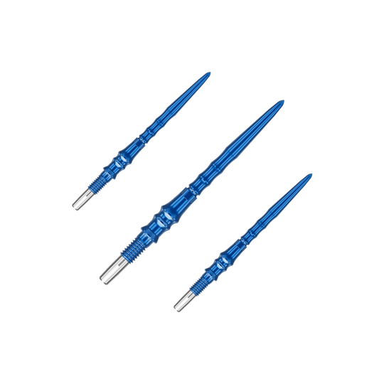 Target Japan Premium Swiss Point Dart Tips - Blue Auf dem Bild ist ein Set von blauen Dartspitzen zu sehen. Die Spitzen sind jeweils 30 mm lang.