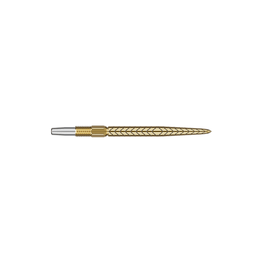 Target Swiss Point RVE dart tips - Gold Auf dem Bild ist eine goldfarbene Dartspitze mit einem Muster zu sehen. Der vordere Teil der Spitze ist silberfarben.