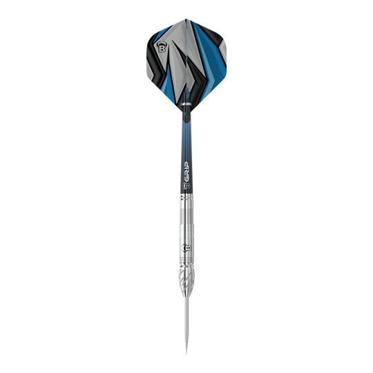 Bulls Stone S1 Steeldarts Das Bild zeigt einen Steeldart der Marke Bulls, Modell Stone S1. Der Dart hat eine silberne Spitze und Schaft sowie ein Flight mit blau-schwarzem Muster.