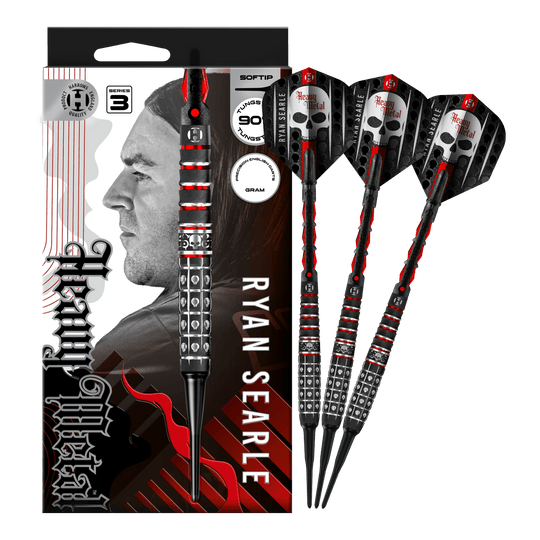 Harrow's Ryan Searle Series 3 soft darts Das Foto zeigt Harrows Ryan Searle Series 3 Softdarts in voller Ansicht. Der Artikel ist für Softdart-Spiele gedacht.