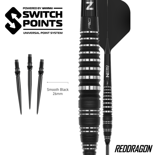 Red Dragon Sable Bomb Switch Point Steel Darts Zu sehen sind die Red Dragon Sable Bomb Switch Point Steeldarts. Die Darts sind robust und für präzises Spiel konzipiert.