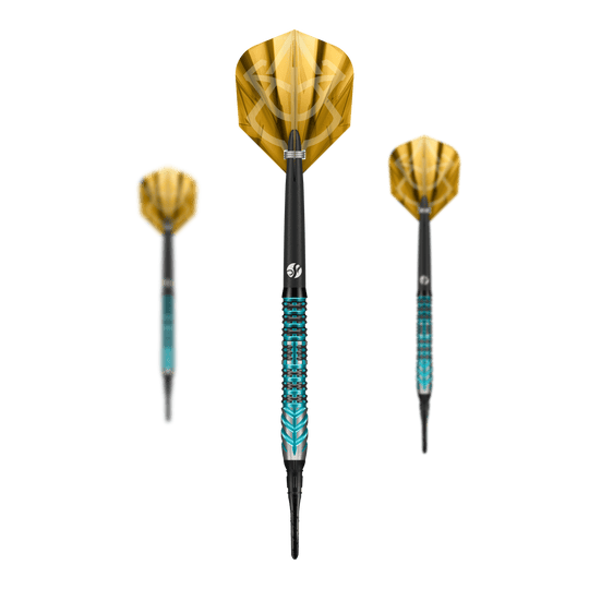 Das Bild zeigt die Shot Alchemy Volta Softdarts mit einem Gewicht von 20g. Die Darts sind für das Softdartspiel geeignet.