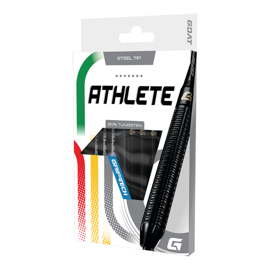 Das Produkt GOAT Athlete Black Tungsten Steeldarts wird gezeigt. Die Darts sind für professionelle Spieler geeignet und in Schwarz gehalten.