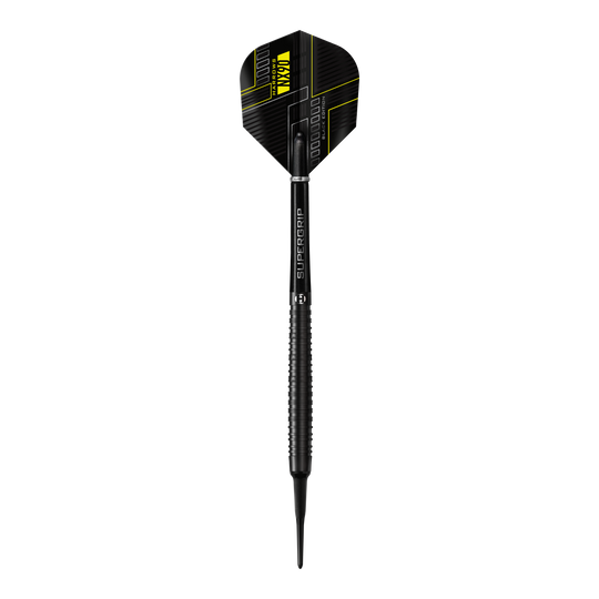 Harrows NX90 Black Edition soft darts Das Bild zeigt einen Harrows NX90 Black-Edition Softdart. Der Dart ist schwarz mit gelben Akzenten und hat ein modernes, technisches Design.