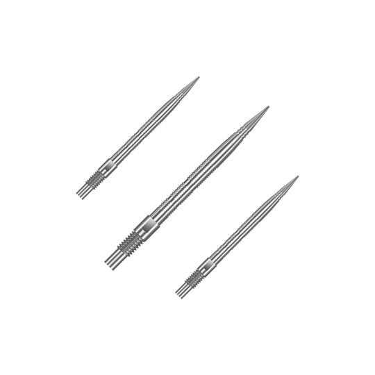 Harrows Quick Point Micro Ridge Dart Tips - Silver Eine Verpackung mit mehreren Harrows Quick Point MicroRidge Dartspitzen in Silber mit 26 mm Länge ist abgebildet. Die Dartspitzen sind zur besseren Ansicht gruppiert.