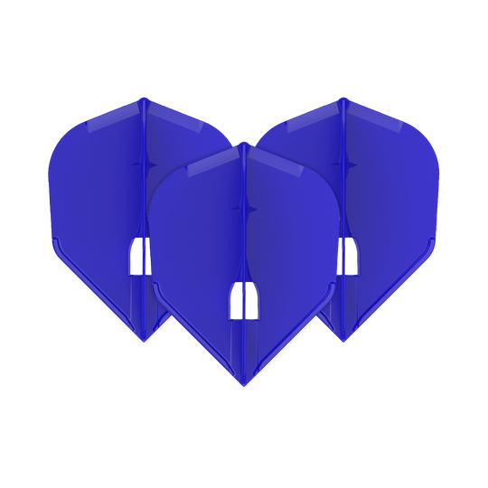 L-Style Flights Champagne - L3PRO Shape Auf dem Bild sind drei blaue Dart-Flights zu sehen. Sie sind nebeneinander angeordnet und haben eine standardisierte, breite Form.
