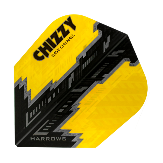 HR7531_Harrows_Dave_Chisnall_Prime_Gelb_Schwarz_No6_Flights_1 Das Bild zeigt ein Dart-Flight mit gelbem und schwarzem Design. Auf dem Flight stehen die Aufschriften "CHIZZY", "DAVE CHISNALL" und "HARROWS".