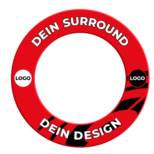 Dartboard surround with your design Das Bild zeigt ein rotes Dartboard-Surround. Es dient als Schutz rund um das Dartboard.