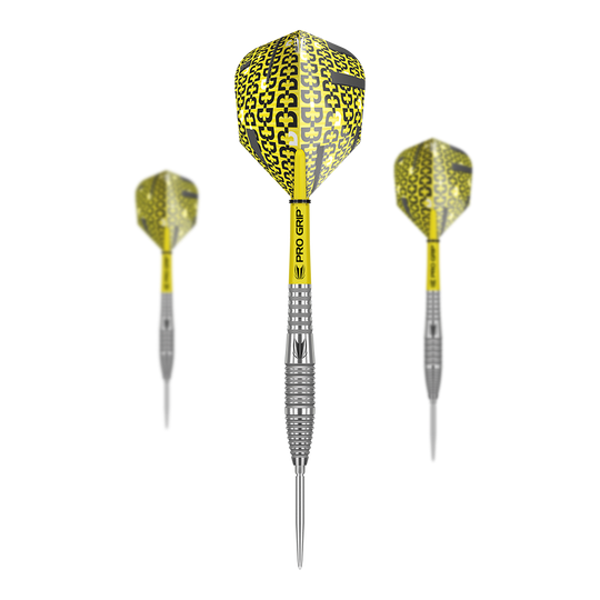 Target Bolide 05 Swiss Point steel darts Das Bild zeigt drei Target Bolide 05 Swiss Point Steeldarts mit gelben Flights und silbernen Spitzen. Die Darts haben auffällige Pro Grip Schäfte und ein modernes Design.