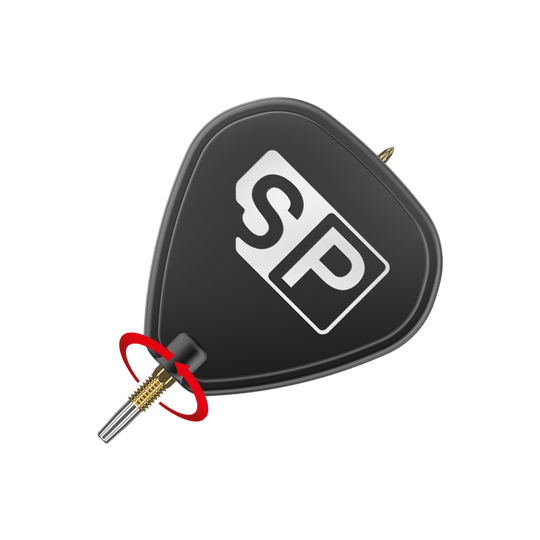Target Swiss Point DX dart tips - gold Das Bild zeigt eine schwarze Dartspitze mit der Aufschrift "SP" in weißen Buchstaben. Ein roter Pfeil deutet auf eine Drehbewegung an der goldenen Spitze hin.