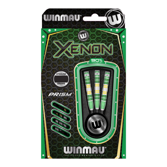 Winmau Xenon Steeldarts Das Bild zeigt eine Packung Winmau Xenon Steeldarts. Die Verpackung ist überwiegend schwarz-grün und enthält drei Darts mit bunten Griffen.
