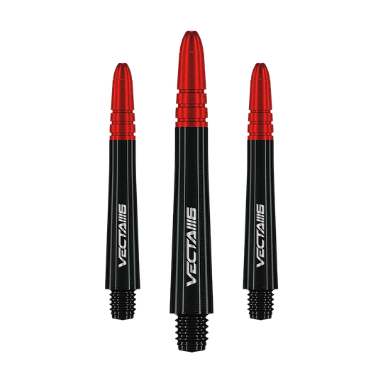 7025_207_Winmau_Vecta_Blade6_Shafts_46mm_1y597gXMyAJMlq Das Bild zeigt drei Winmau Vecta Shafts - Blade 6. Die Shafts sind schwarz mit einem roten oberen Abschnitt und weißem Schriftzug.