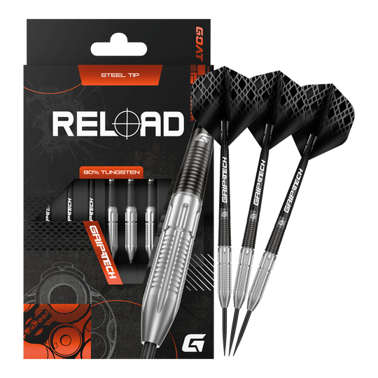 Auf dieser Aufnahme sind die GOAT Reload Steeldarts abgebildet. Es handelt sich um hochwertige Steeldarts für das Dartspiel.