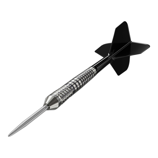 Target Black Marque Renegade 4 Swiss Point Steeldarts Das Bild zeigt einen Target Black Marque Renegade 4 Swiss Point Steeldart. Der Dartpfeil hat eine silberne, gerillte Spitze und schwarze Flights.