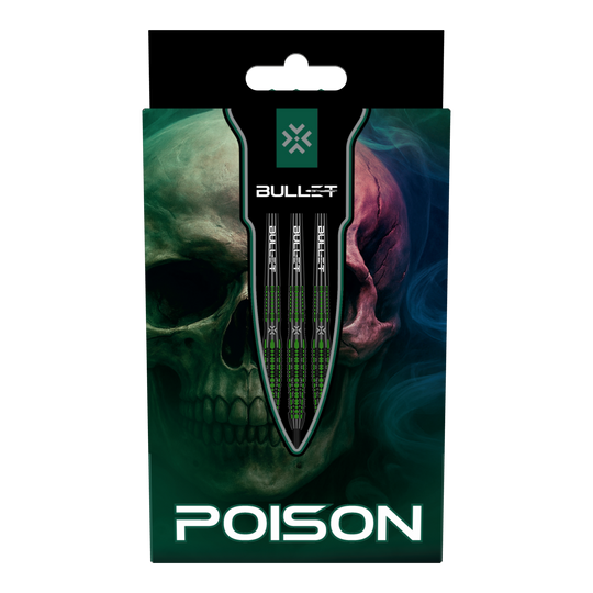Bullet Poison steel darts Das Bild zeigt die Bullet Poison Steeldarts. Diese Steeldarts sind für präzises Dartspiel entwickelt.