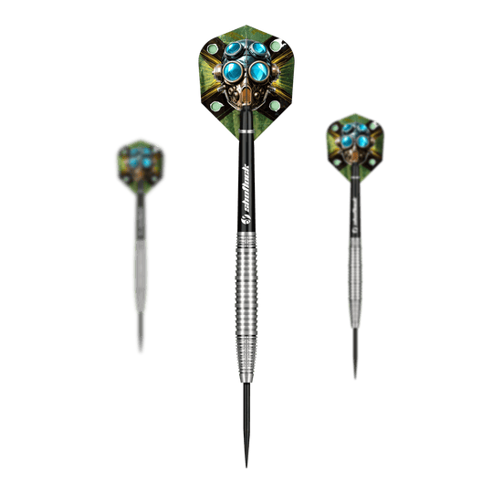 Hier sieht man die Shot Badlands Krush Steeldarts als Set. Das Produkt eignet sich für professionelle Dartspieler.