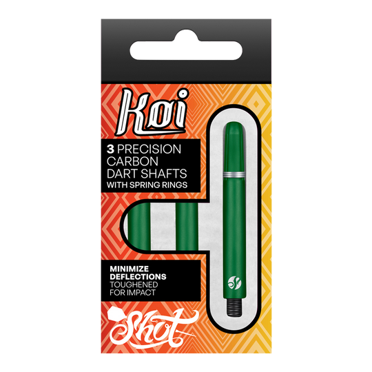 Shot Koi Carbon Shafts - Green Die Verpackung zeigt drei grüne Präzisions-Carbon-Dartschäfte mit Federringen der Marke Koi. Sie sind darauf ausgelegt, Ablenkungen zu minimieren und sind für hohe Belastungen verstärkt.
