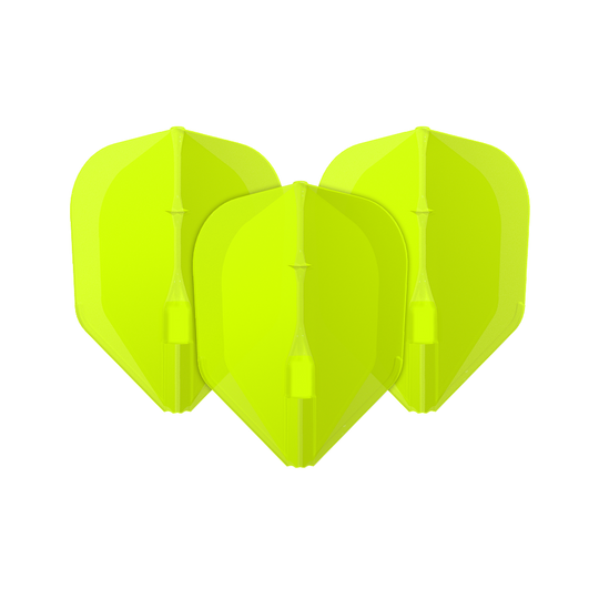 L-L-Style3EZ Flights Das Bild zeigt drei neon-gelbe Dartflights. Sie stehen nebeneinander und haben eine klassische Pfeilform.