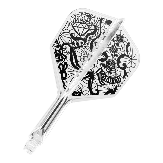 Target Japan K-Flex Diamond No6 Flight Shaft System Dies ist ein klarer Dartflight mit einem schwarzen, kunstvollen Design, das Rosen, ein Diamant und Netzmuster zeigt. Das System ist einteilig und hat ein Schraubgewinde am Ende.