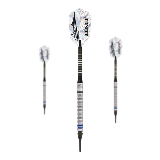 Das Bild zeigt drei Unicorn World Champion Natural Phase 3 Gary Anderson Softdarts mit einem Gewicht von 18g. Die Darts haben silberne Griffe und weiße Flights mit einer Unterschrift und dem Unicorn-Logo.