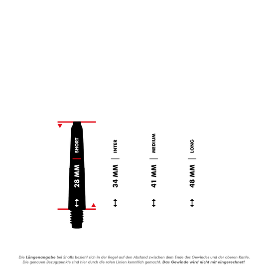 _McDart_Scope_Nylon_Shafts_5_28mm Das Bild zeigt die McDart Scope Nylon Shafts in verschiedenen Längen. Die verfügbaren Längen sind 28 mm (Short), 34 mm (Inter), 41 mm (Medium) und 48 mm (Long).