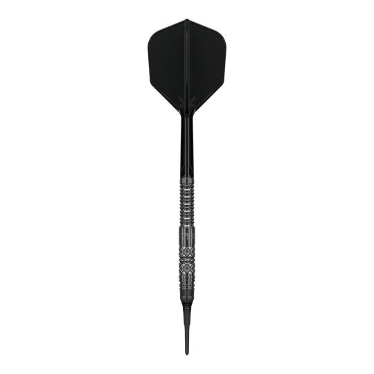 Abbildung der Target Black Marque Creed Softdarts mit einem Gewicht von 21,5g. Die Besonderheiten der Darts sind gut erkennbar.