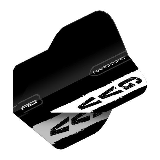 Red Dragon Hardcore Gian Van Veen Black Logo Standard Flights Das Bild zeigt einen schwarzen Dartflight mit dem weißen Logo "GVG" und dem Schriftzug "Hardcore". Es handelt sich um das Produkt "Red Dragon Hardcore Gian Van Veen Black Logo Standard Flights".