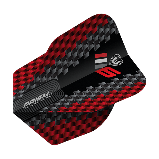 Winmau Prism Alpha Blade 6 Chevron No6 Flights Das Bild zeigt ein Winmau Prism Alpha Blade 6 Chevron No6 Flight für Dartpfeile. Das Flight hat ein rot-schwarzes Karomuster mit silbernen und roten Akzenten.