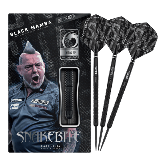 Red Dragon Peter Wright Snakebite Black Mamba Steeldarts Abgebildet ist der Red Dragon Peter Wright Snakebite Black Mamba Steeldart. Das Produkt zeichnet sich durch sein schwarzes Design und hochwertige Verarbeitung aus.