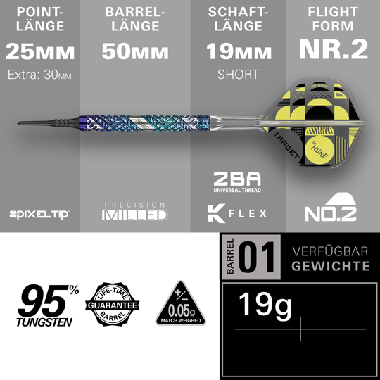 Abgebildet sind die Target Luke Littler Edge Softdarts - 19g. Die Darts liegen auf einer glatten Oberfläche und sind aus der Nähe zu sehen.